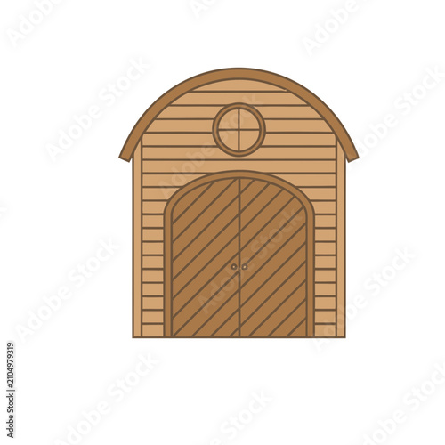 Wooden barn with arched doors and round window