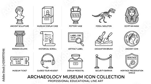 Fotografie Archaeology museum icon collection, 15 professional educational line art vectors