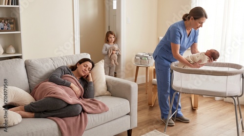 Postpartum doula caring for newborn while second-time mother rests, home support with older child nearby