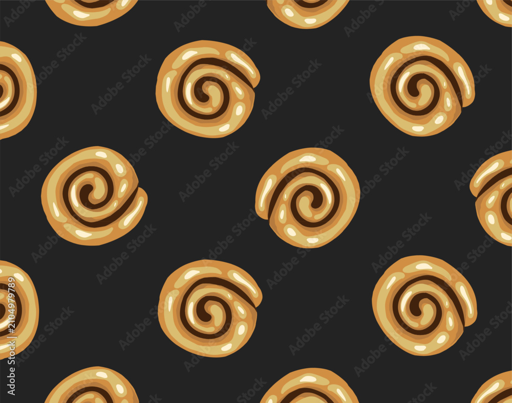 Fototapeta premium Doodle Cinnamon Roll Pattern. Hand Drawn Pastry Background. Minimal Bakery Doodle Style.