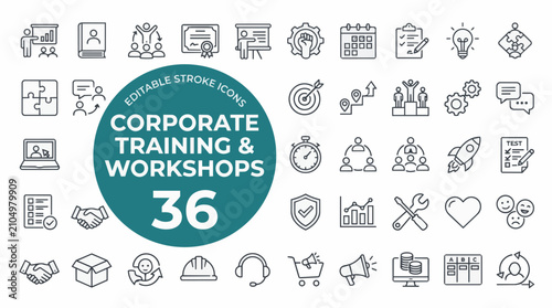 Фотография Corporate training and workshop icon set with thirty six on transparent background Editable Stroke