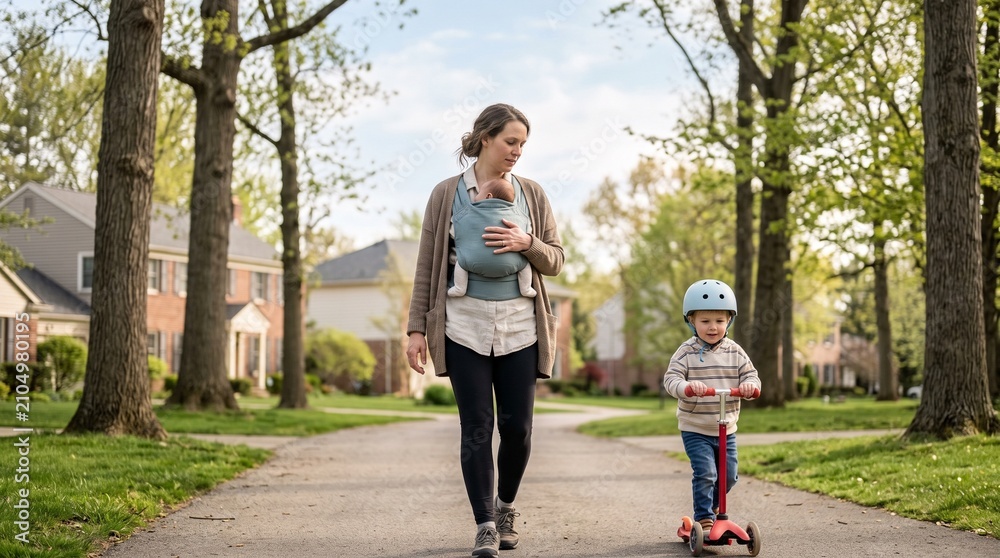 Obraz premium Second-time mother walking with baby carrier and older child on scooter, gentle postpartum depression recovery routine