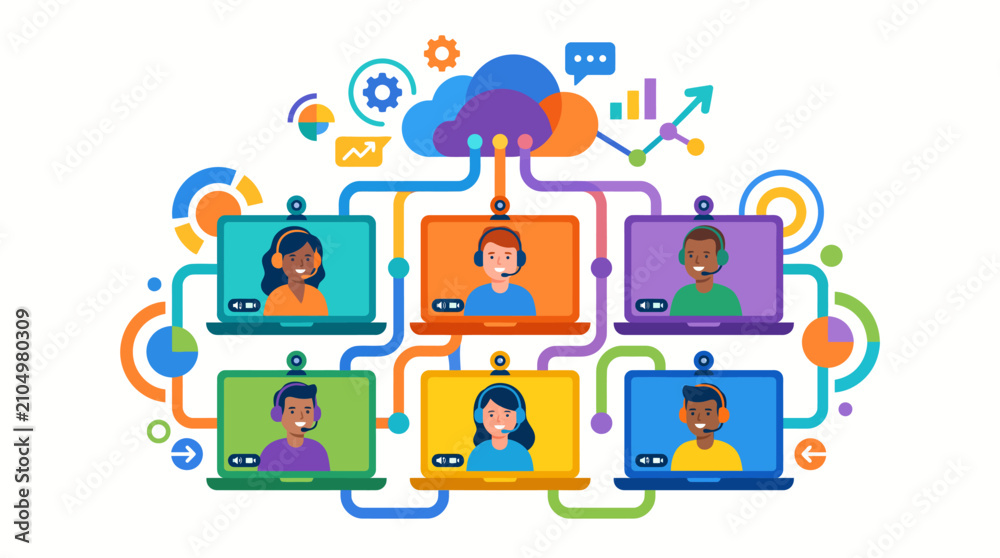 Fototapeta premium Cloud Network Connecting Six Laptops Together for Group Video Conference Call
