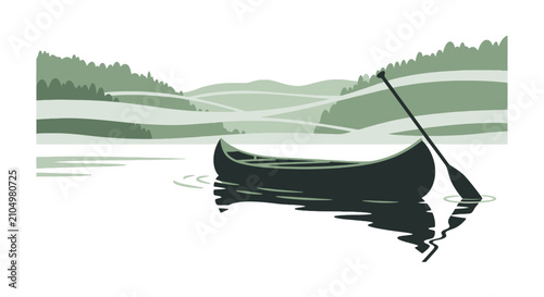 Empty canoe with paddle on calm misty lake