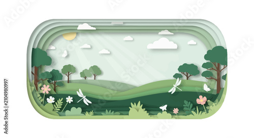 Spring meadow landscape in paper cut art style