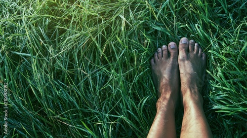 Bare feet standing on dew covered grass during a mindful grounding practice in nature