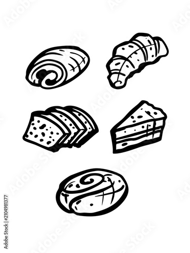 Hand Drawn Bakery Set with Bread, Croissant, Cake Slice and Sweet Pastries