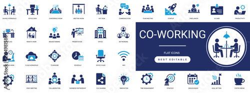 Konstfotografi coworking solid icon set featuring shared workspace, hot desk, meeting room, networking, collaboration, brainstorming, productivity, and remote work concepts