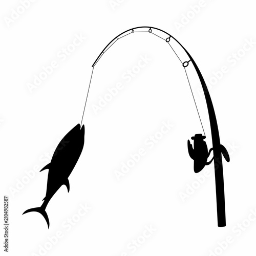 Vector illustration of a fishing rod with a fish hanging from the hook. Fishing gear on a white background.