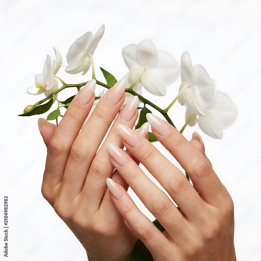 Fototapeta premium Female hands holding delicate white orchid blossoms orchids petals