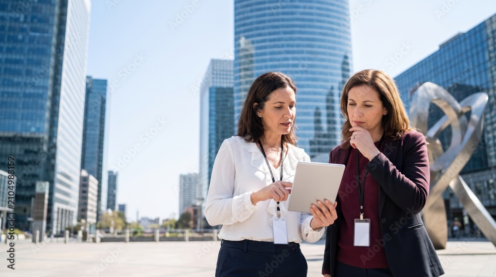 Fototapeta premium Two Businesswomen Collaborating on a Tablet Outdoors in a Modern City Environment.
