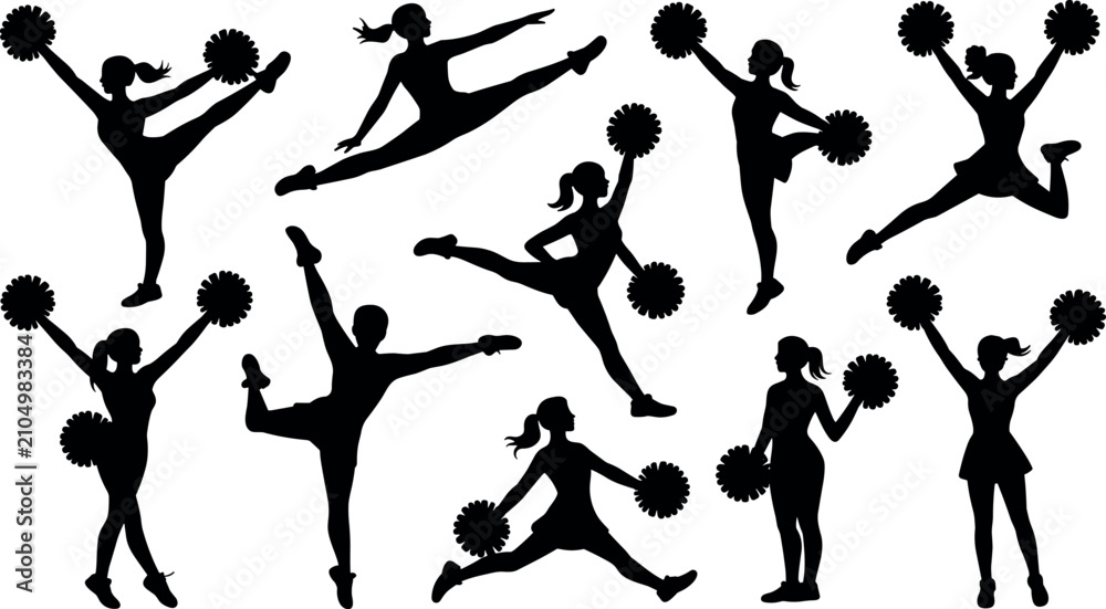 Obraz premium Cheerleader silhouettes set collection vector illustration featuring girls jumping dancing with pom poms isolated on white background