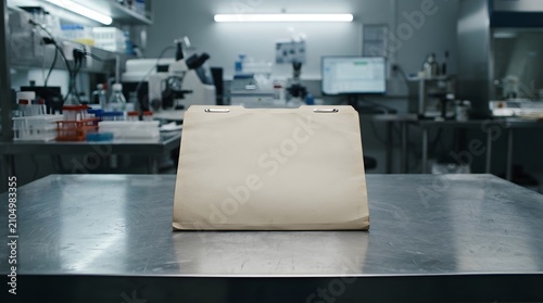 Closed blank paper folder on stainless steel workbench. Empty file organizer for industrial documentation and records.