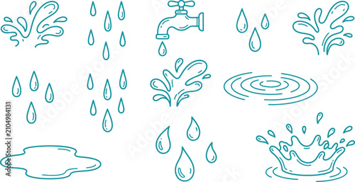 Water elements set including rain drops tap splash and ripples with collection illustration environment drinking refreshing waterdrops splashing waterwave waterworks plumbing