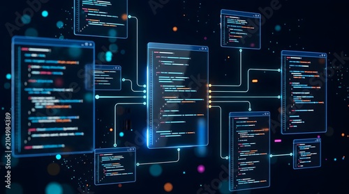Interconnected programming code windows displaying software development architecture and digital network integration in a futuristic computing environment