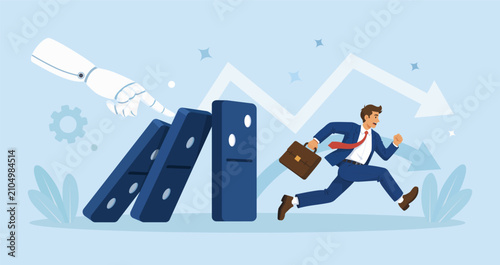 AI Robot Arm Push to Collapse Dominos. Artificial Intelligence Impact, Job Uncertainty Future. Domino Effect in Business Crisis. Businessman Running Away from Falling Effects. Vector Illustration
