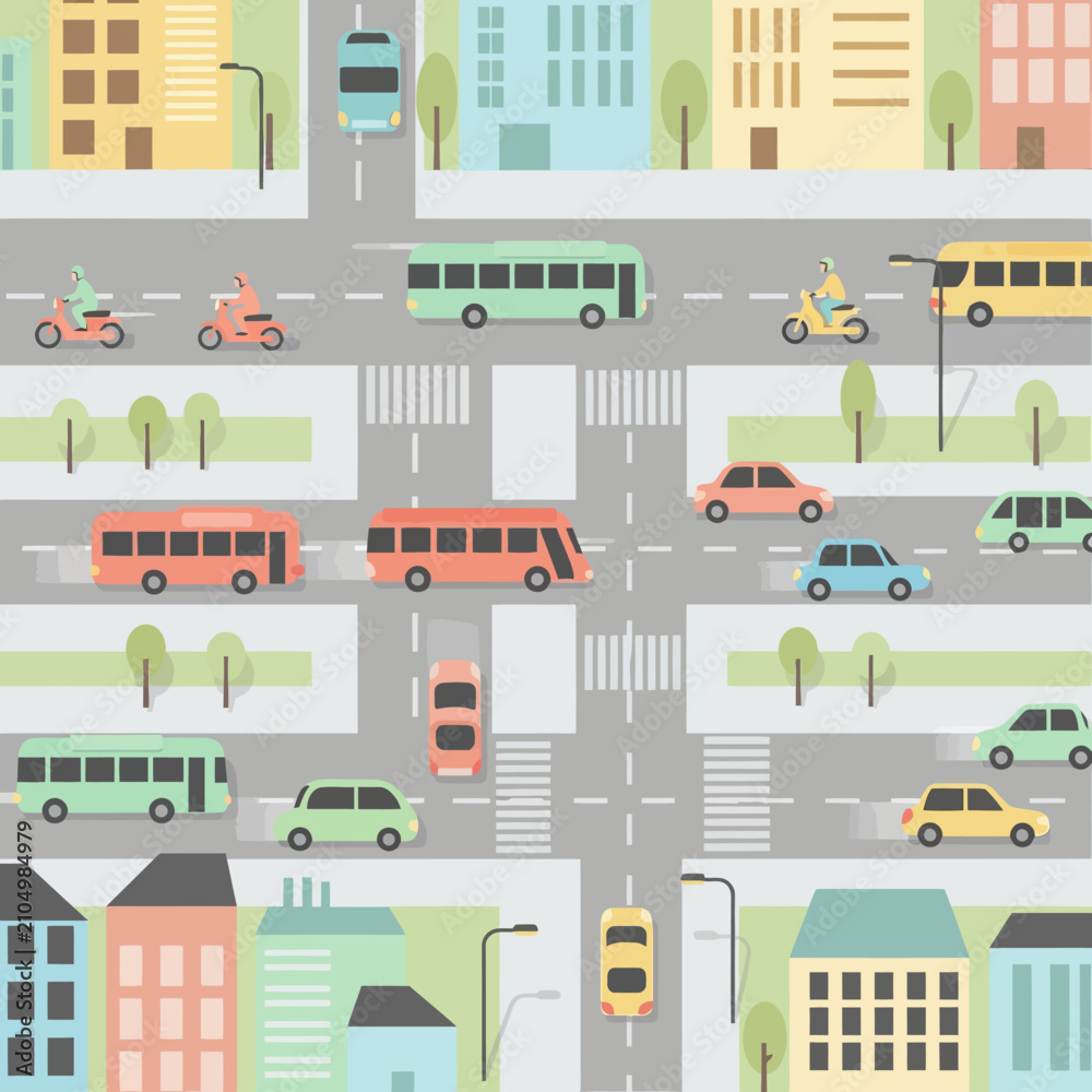 Naklejka premium Urban Cityscape Seamless Pattern: Traffic, Vehicles, Buildings, Streets, Flat Design