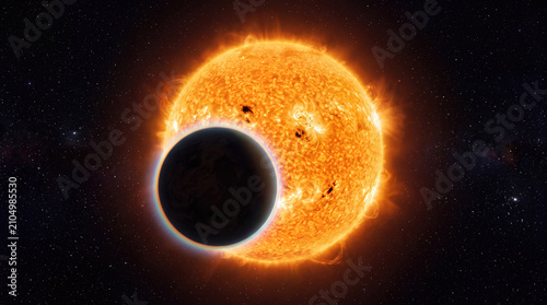 Exoplanet transiting bright host star with glowing atmospheric ring, space science concept