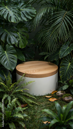 Natural wood and concrete product display platform in lush tropical garden with platform tropical concrete presentation greenery botanical minimalist background template