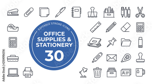 Foto Office supplies and stationery line icon set collection on transparent background Editable Stroke