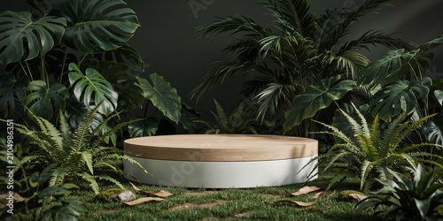 Minimalist round wooden podium display stand surrounded by tropical monstera foliage with tropical monstera platform presentation greenery botanical minimalist background
