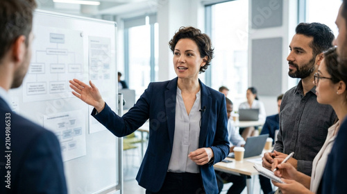 Diverse business team in meeting led by woman presenter at whiteboard