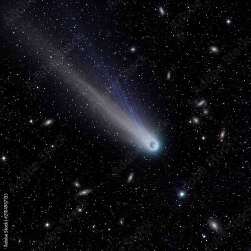 Interstellar comet with dust and ion tail passing through starfield with distant galaxies