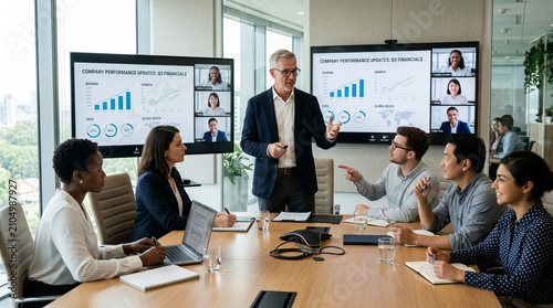Diverse business team in modern conference room with video call on screens