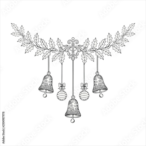 Christmas Holly Garland with Bells and Ornaments vector