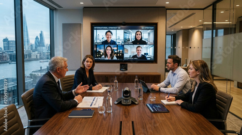 Diverse Business Team in Modern Conference Room with Video Call