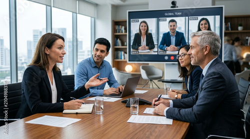 Diverse business team in modern office collaborating during video conference meeting.