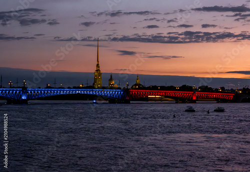 View of the Peter and Paul Fortress in St. Petersburg in the evening.
