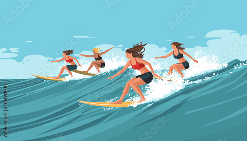 Foto Four women enthusiastically surfing on large blue ocean waves under a clear sky, enjoying a vibrant day at the beach