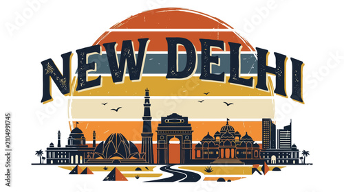 New Delhi Skyline Retro Sunset Graphic - Travel & Landmark Illustration