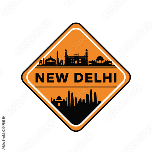 New Delhi Skyline Silhouette Stamp, India Travel Sticker Icon