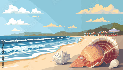 Photography A serene beach scene with gentle waves lapping the shore, featuring various seashells in the foreground and umbrellas dotting the sandy coastline under a clear blue sky with scattered clouds