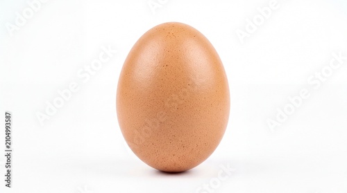 Single organic brown chicken egg standing upright in soft studio lighting isolated on white background