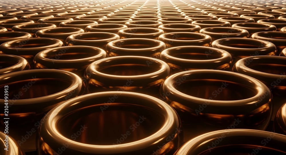 Fototapeta premium Grid of metallic bronze torus rings surface pattern perspective view