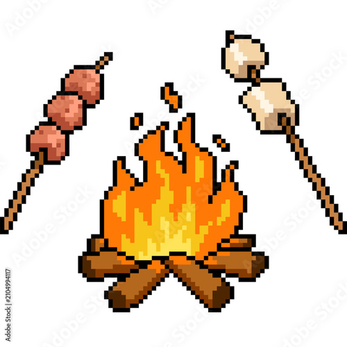 pixel art isolated background of campfire picnic party