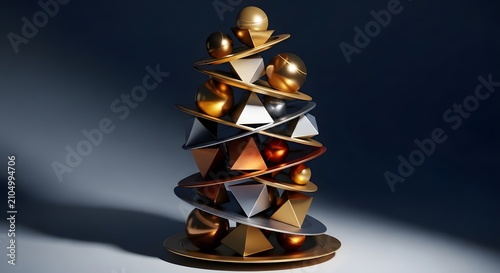 Stacked golden metallic geometric shapes pyramid totem sculpture