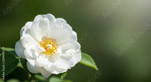 Beautiful white camellia flower in full bloom with soft natural background, spring garden floral macro photography