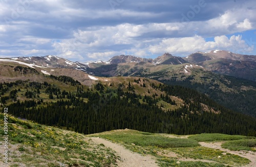 panoramic view of the continental divide and the colorado rocky mountains of summit county, from the top of  loveland pass  on a sunny summer day  in  colorado  