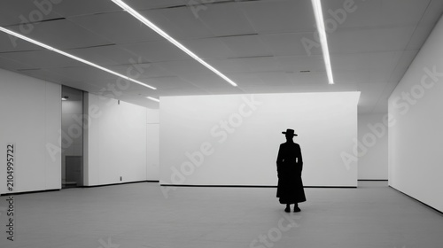 Surrealistic Silhouette of Person in Long Coat and Hat in Empty Minimalist White Gallery Modern Art Space with Sharp Lines and Loneliness Concept for Mystery and Fashion Noir