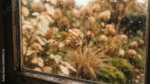 Autumn rainy day view through wet window glass with water drops showing blurred garden with dried hydrangeas and warm beige golden plants