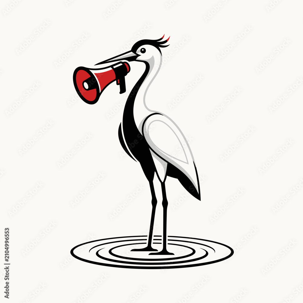 Obraz premium Crane bird holding megaphone minimalist vector illustration.
