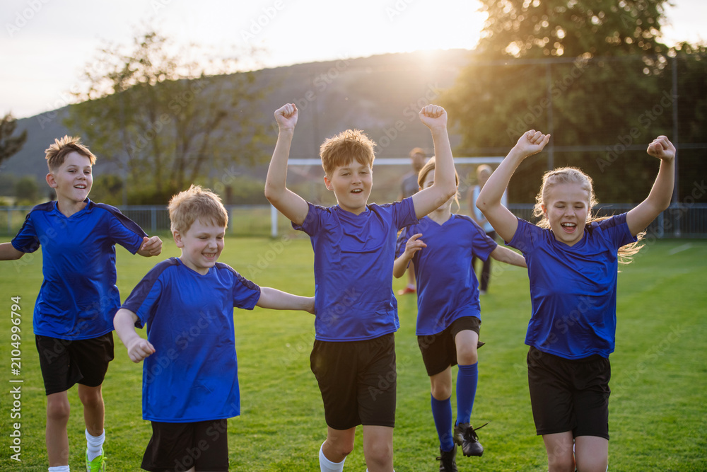 Fototapeta premium Young football team celebrating goal.