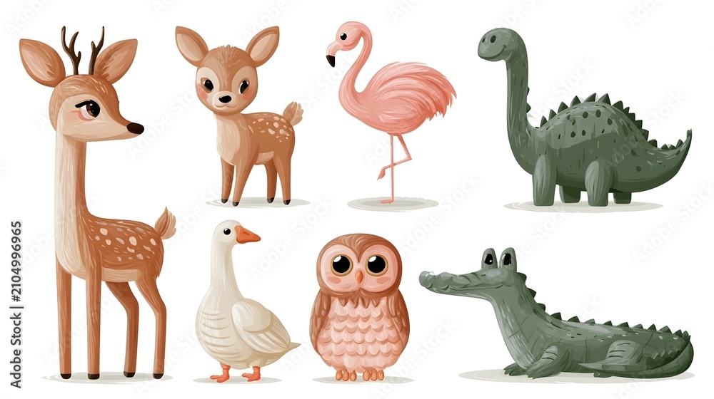 Fototapeta premium Cute animals. Vector isolated children's illustrations of a deer, fawn, flamingo, dinosaur, goose, owl, and crocodile on a white background background for children's cards, stickers, icons