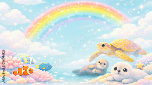 Magical Underwater World with Seals, Turtle, and Rainbow