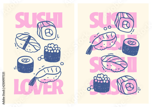 A set of cute minimalist modern posters with sushi, Japanese food, and lettering on a white background; drawing, simple hand-drawn vector illustrations in a flat style