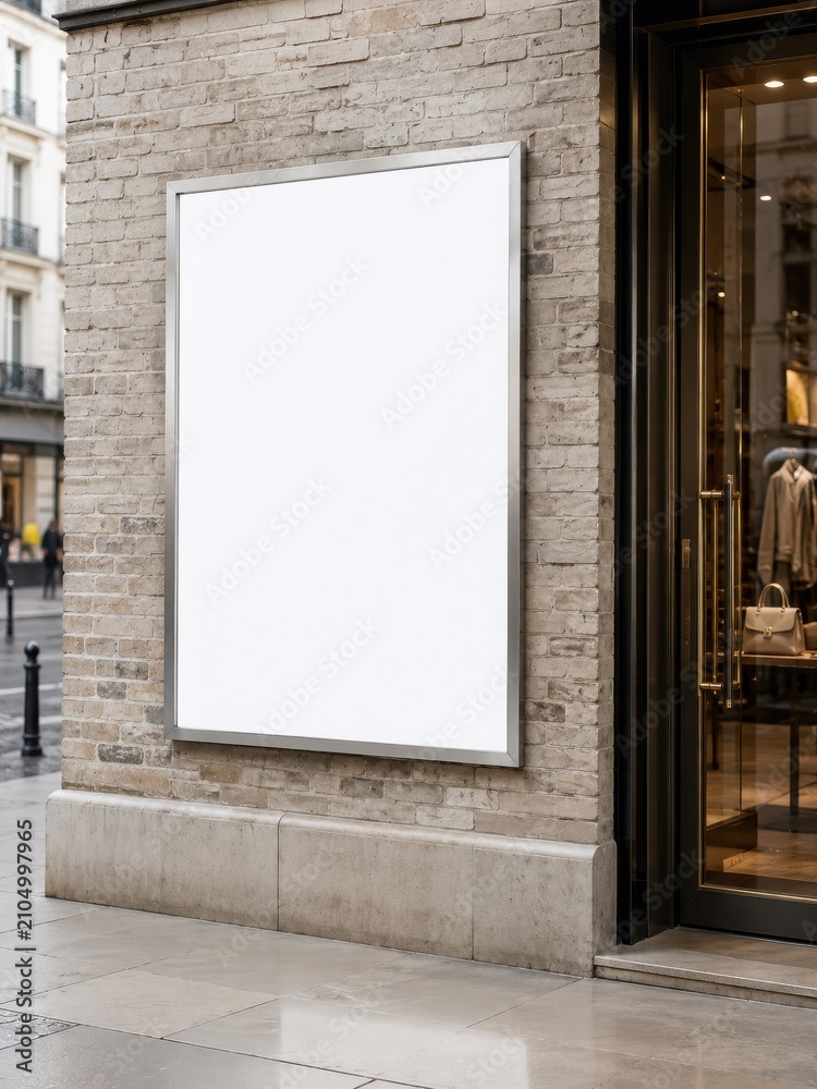 Fototapeta premium Blank storefront billboard mockup on luxury retail facade with copy space, empty outdoor poster display on brick wall beside boutique entrance for premium branding and advertising campaign